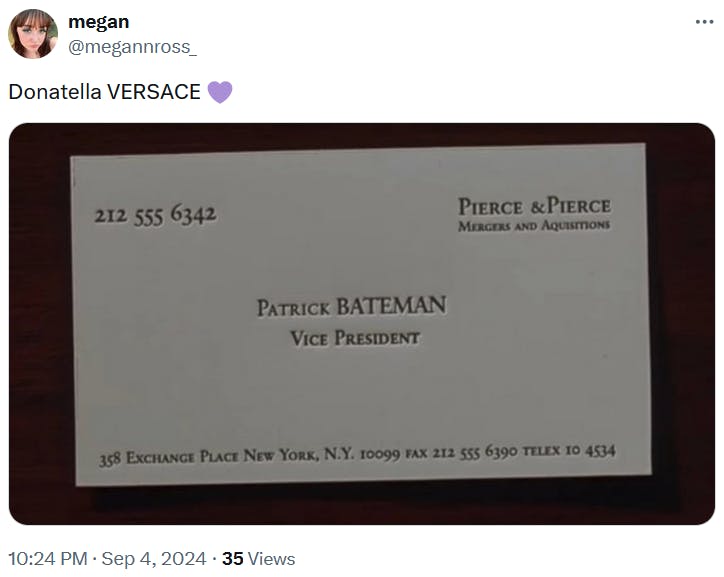 Donatella Versace purple heart meme with a Patrick Bateman business card.