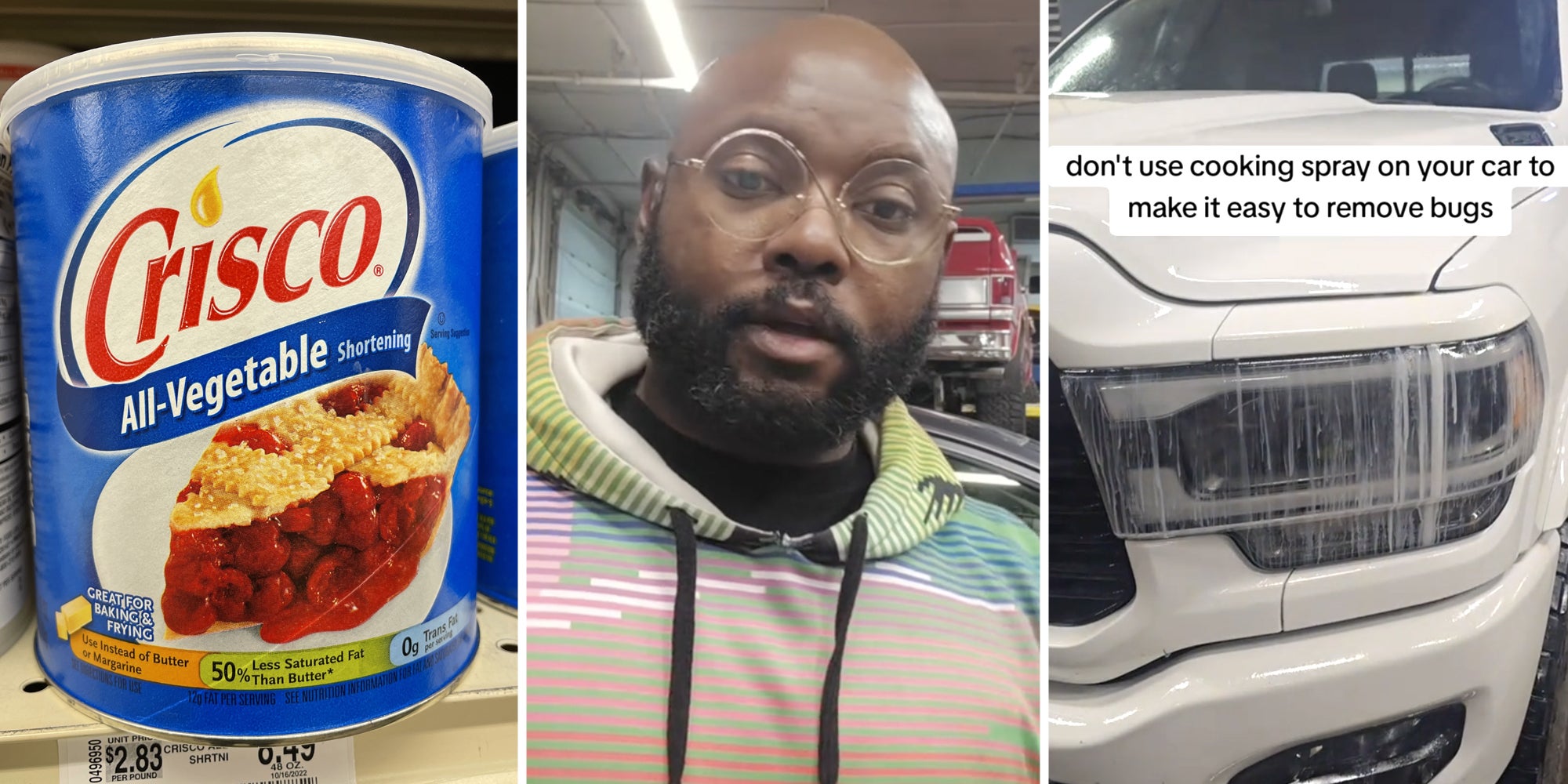Can of Crisco(l), Man talking(c), Car with Crisco and text that says 'don't use cooking spray on your car to make it easy to remove bugs'(r)