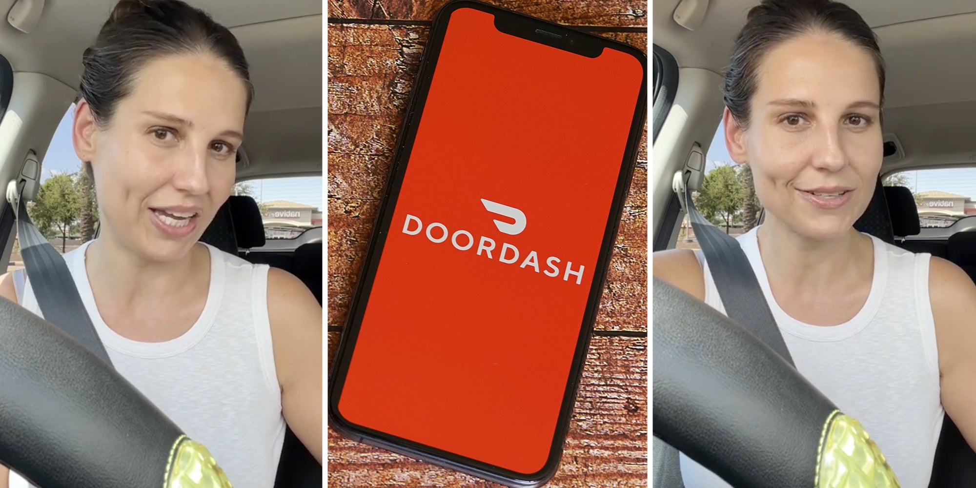 Woman talking(l+r), Doordash app on phone(c)