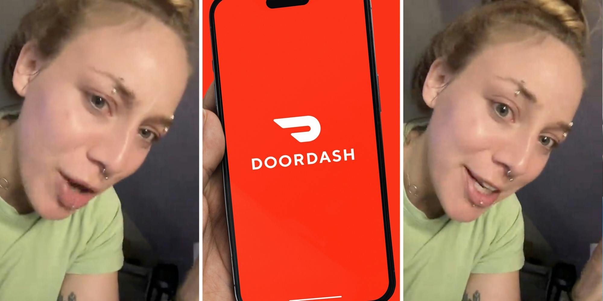 Woman talking(l+r), Hand holding phone with doordash app(c)