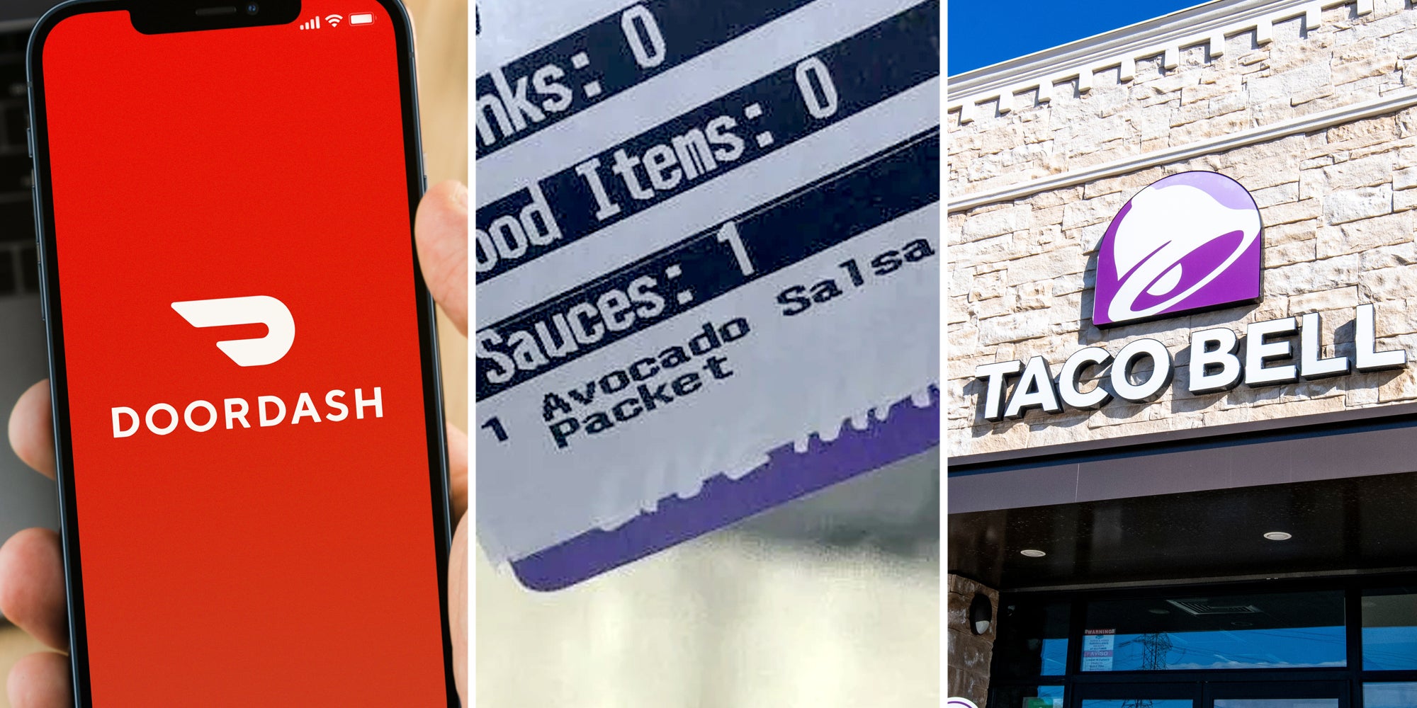 Hand holding phone with doordash app(l), Taco Bell reciept(c), Taco Bell storefront(r)