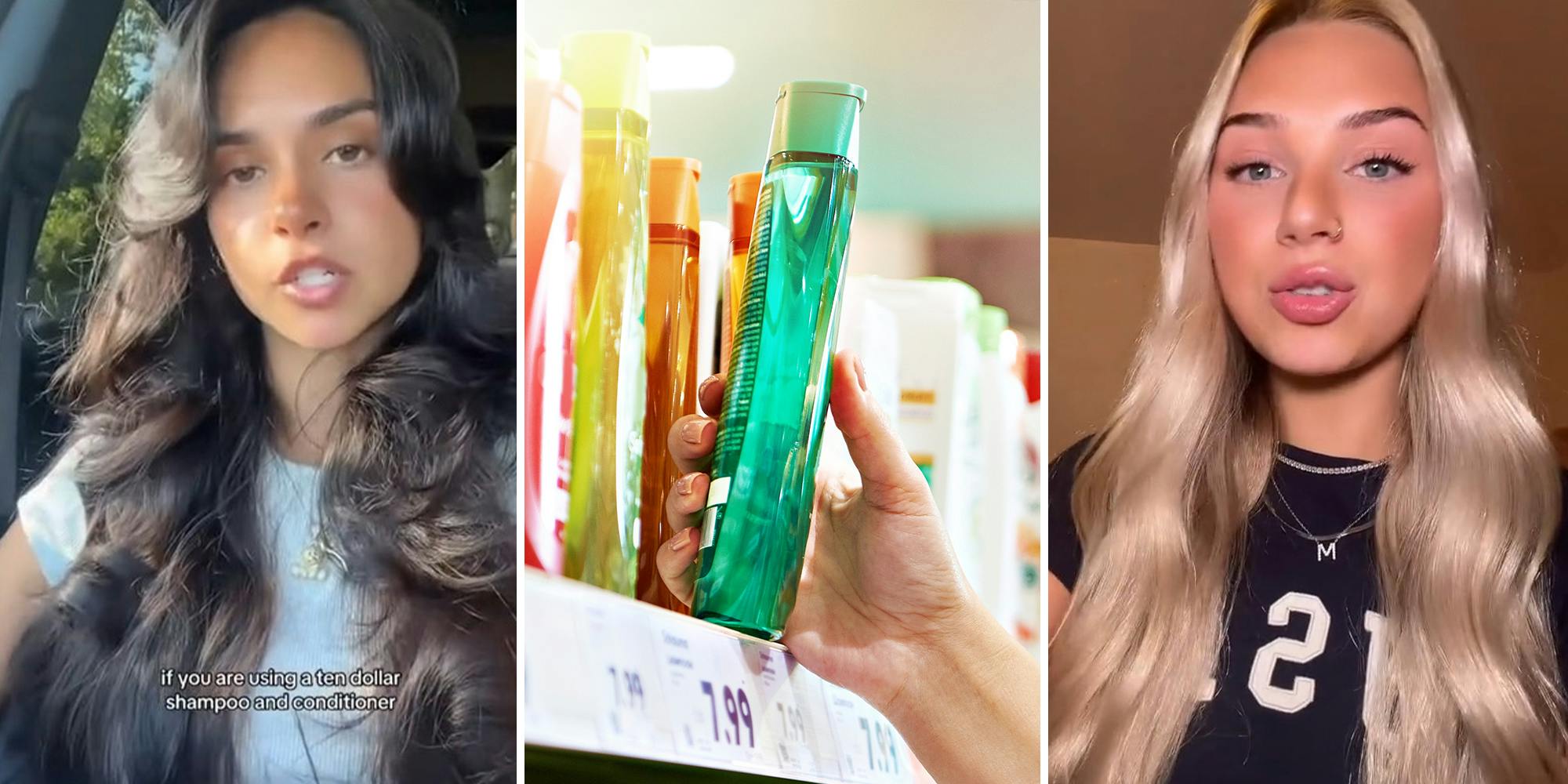 TikTok Influencer(l) hand picking up green shampoo bottle(c) Beauty Expert(r)