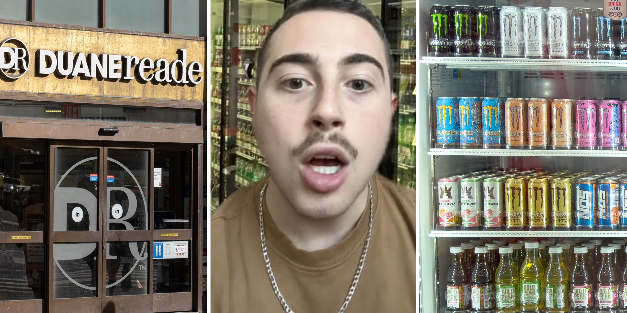 Duane Reade storefront(l), man talking(c), Drinks in refridgerator(r)