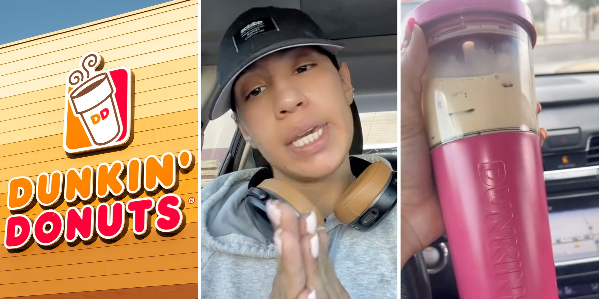 Dunkin Donuts sign(l), Woman talking(c), Dunkin Donuts tumblr(r)