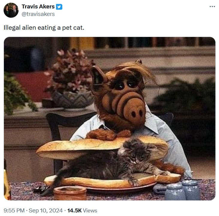 Eating pets meme with a screenshot of Alf with a kitten between two slices of bread.