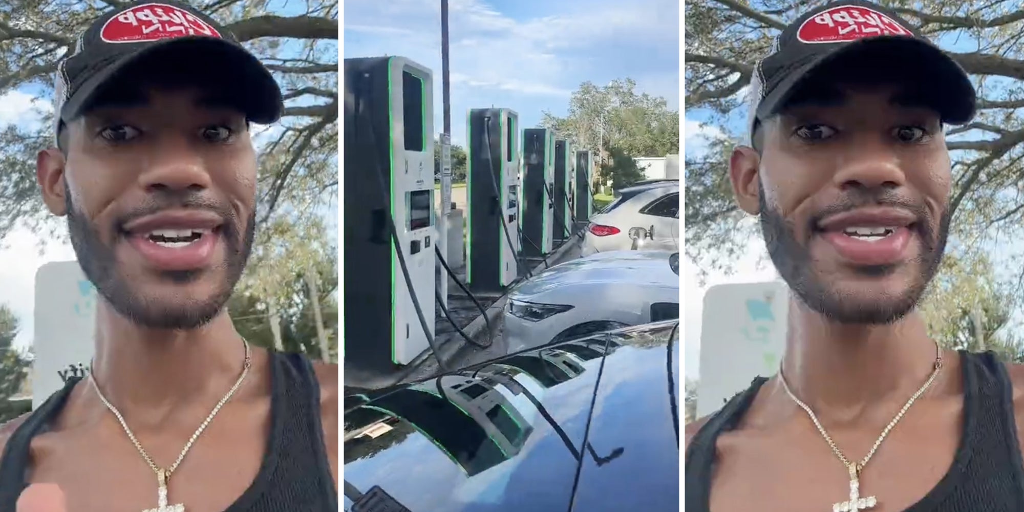 Man talking(l+r), Cars charging at electric stations(c)
