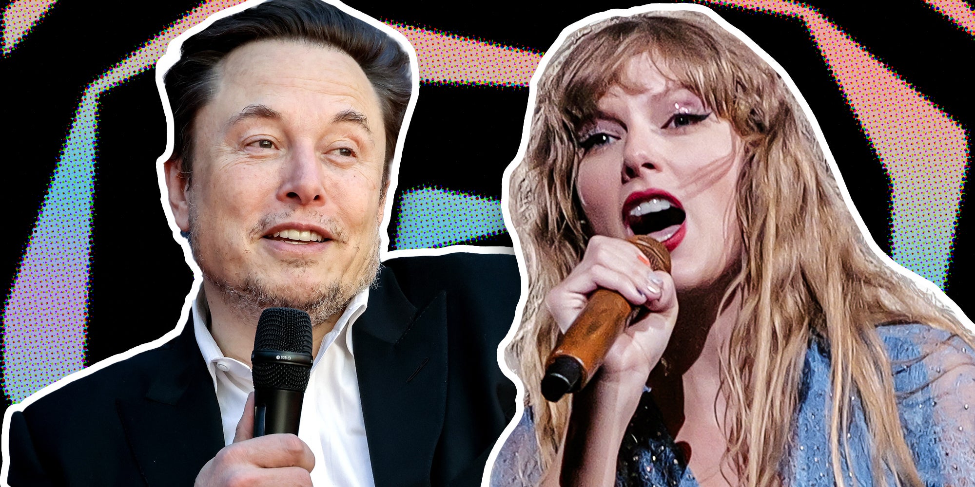 Elon Musk and Taylor Swift talking into mics over spiral background