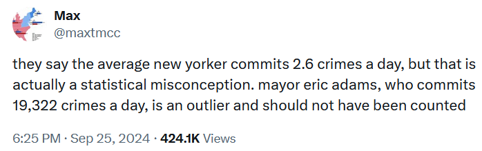 Tweet reading 'they say the average new yorker commits 2.6 crimes a day, but that is actually a statistical misconception. mayor eric adams, who commits 19,322 crimes a day, is an outlier and should not have been counted.'