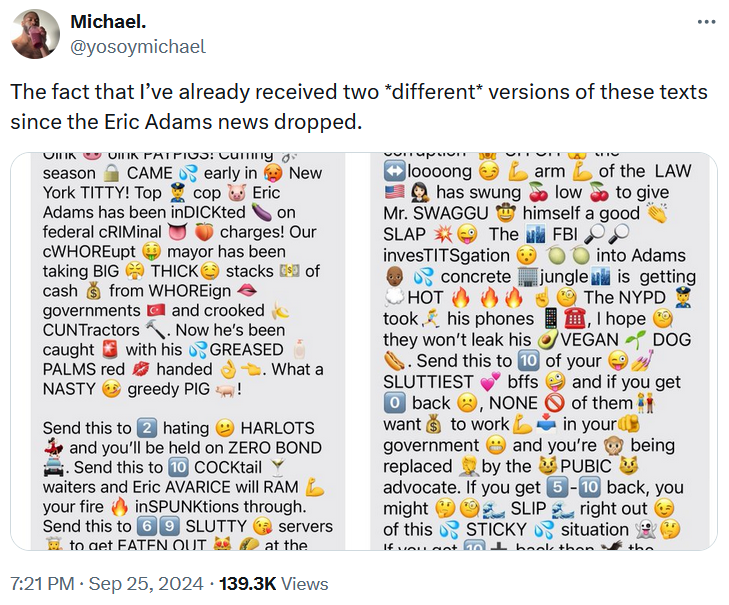 Eric Adams indictment meme showing two horny emoji speak messages about the news.