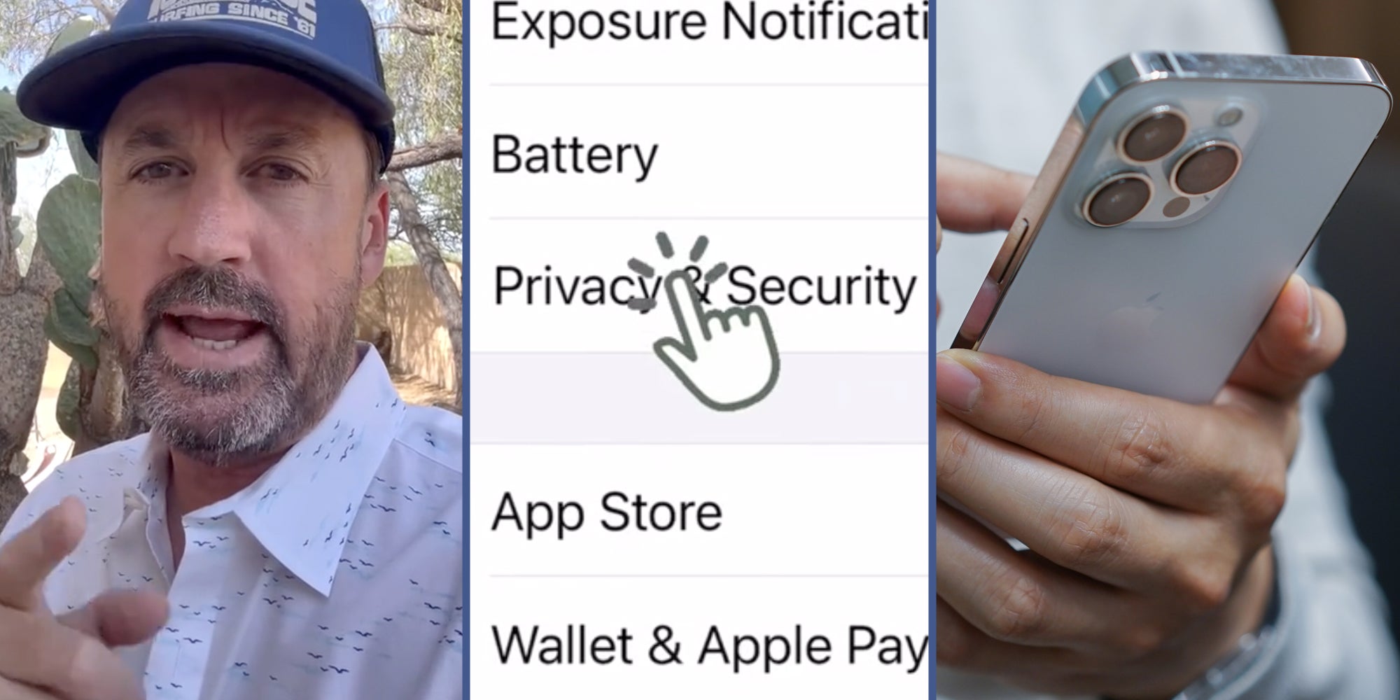 Man talking(l), Settings menu(c), Hand holding iphone(r)