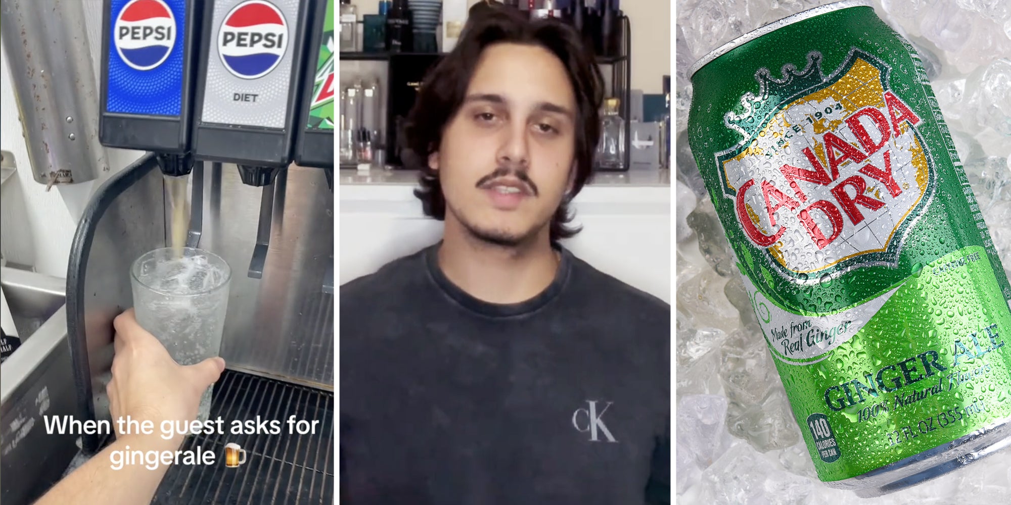 Hand with cup of soda at soda machine with text that says 'When the guest asks for gingerale'(l), Man talking(c), Can of gingerale on ice(r)