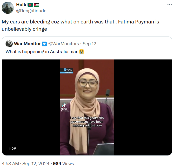 Fatima Payman Gen Z slang speech reaction calling it cringe.