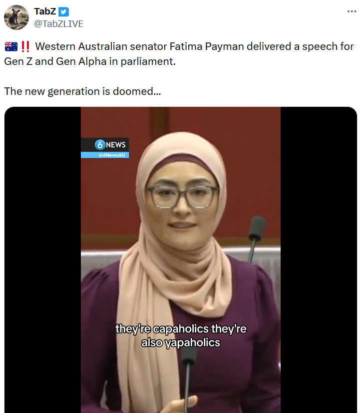 Fatima Payman Gen Z slang speech reaction saying the new generation is doomed.