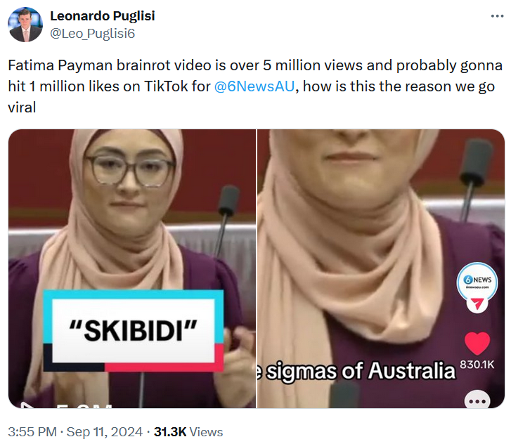 Fatima Payman Gen Z slang speech reaction lamenting that this will make Australia go viral.