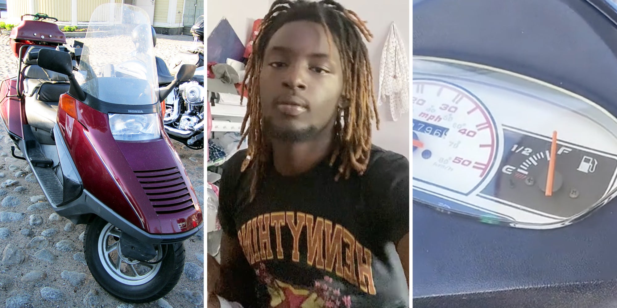 Honda Helix scooter(l), Man talking(c), Gas feature on scooter(r)