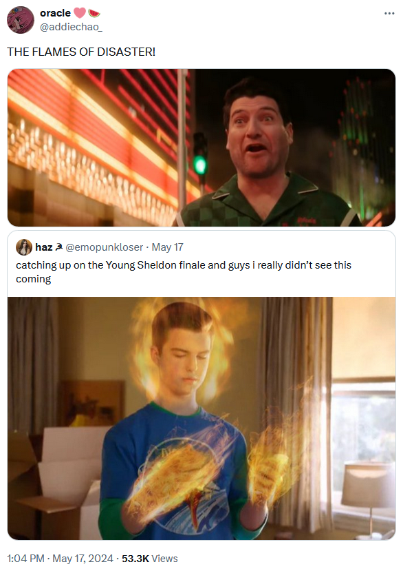 The Flames of Disaster meme over an edited screenshot from Young Sheldon.