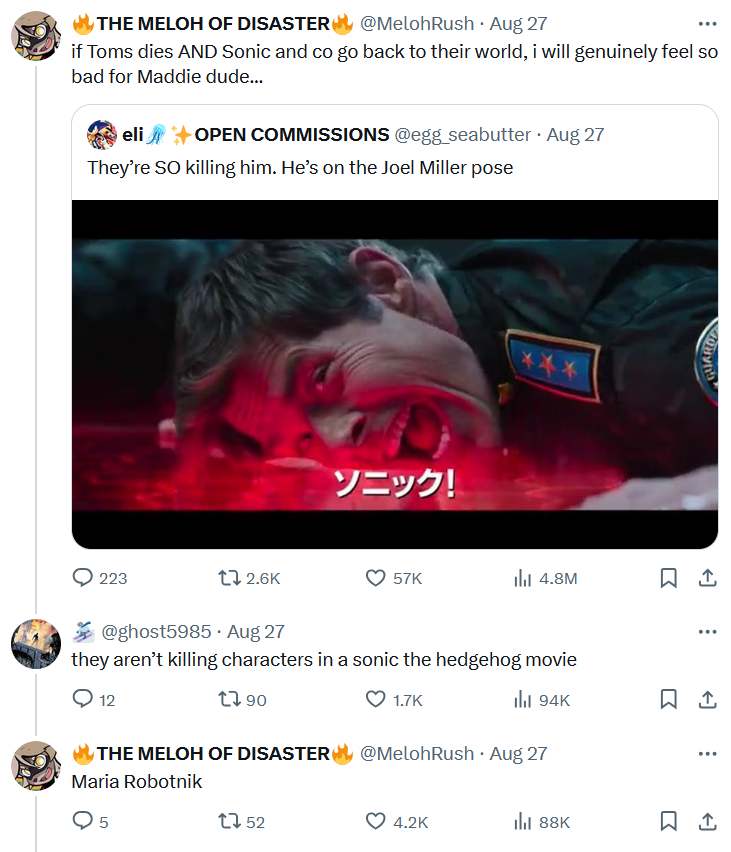 Twitter thread discussing character deaths in Sonic films.