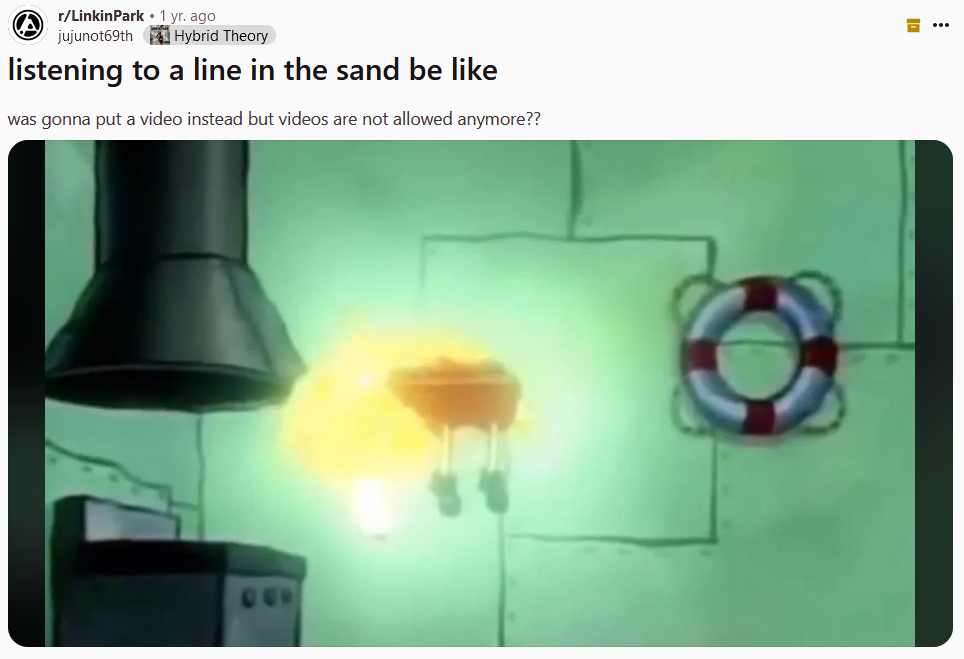 Floating SpongeBob meme about a Linkin Park song.