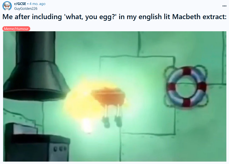 Floating SpongeBob meme about a Macbeth reference.