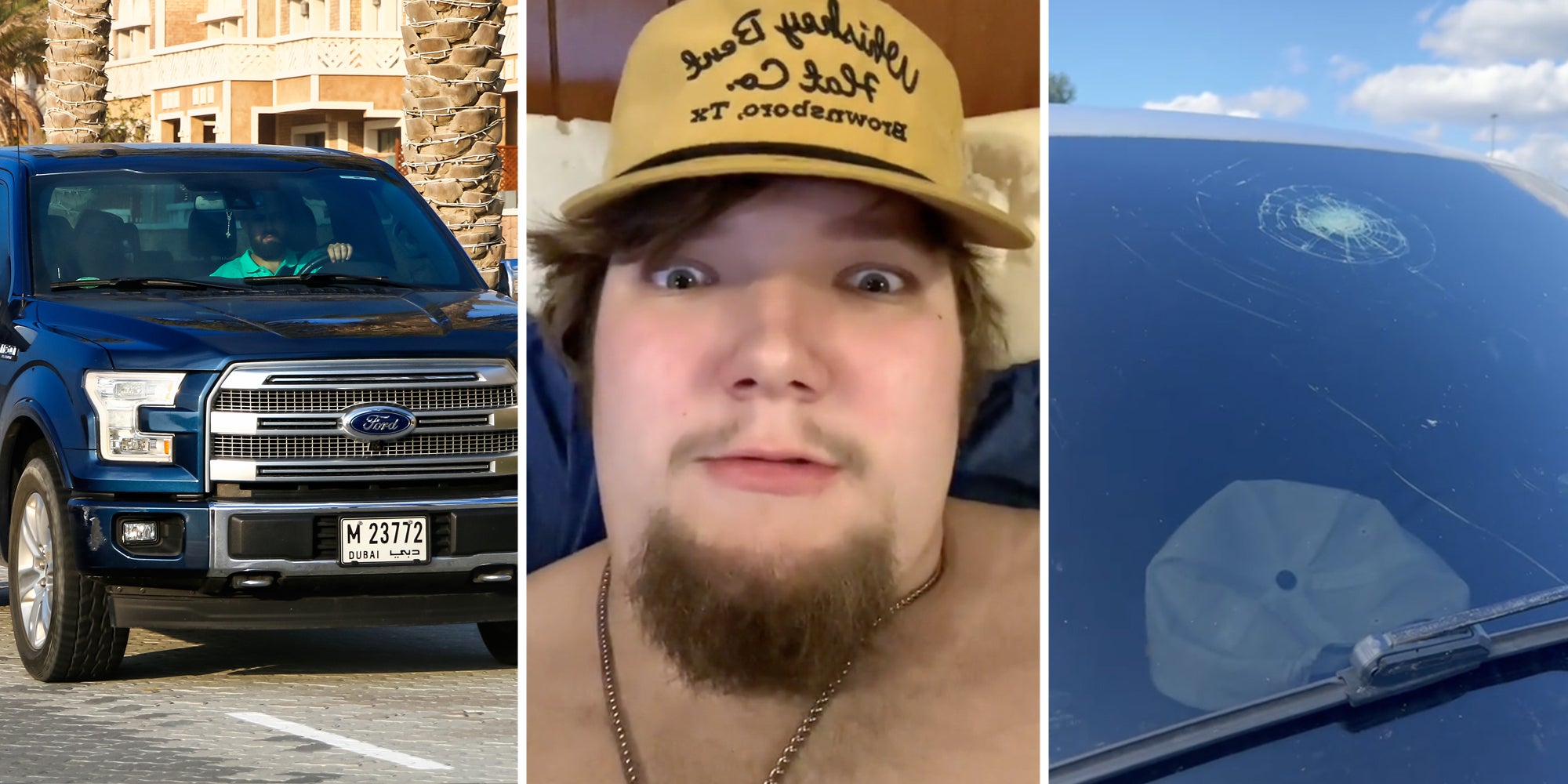 Ford F-150 driving(l), Man looking shocked(c), Cracked windshield(r)