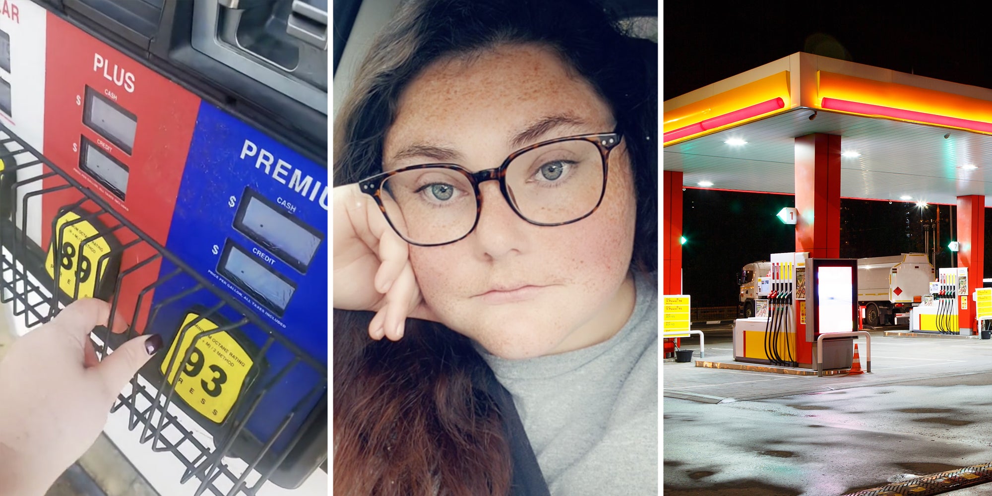 Locked up gas(l), Woman talking(c), Gas station(r)