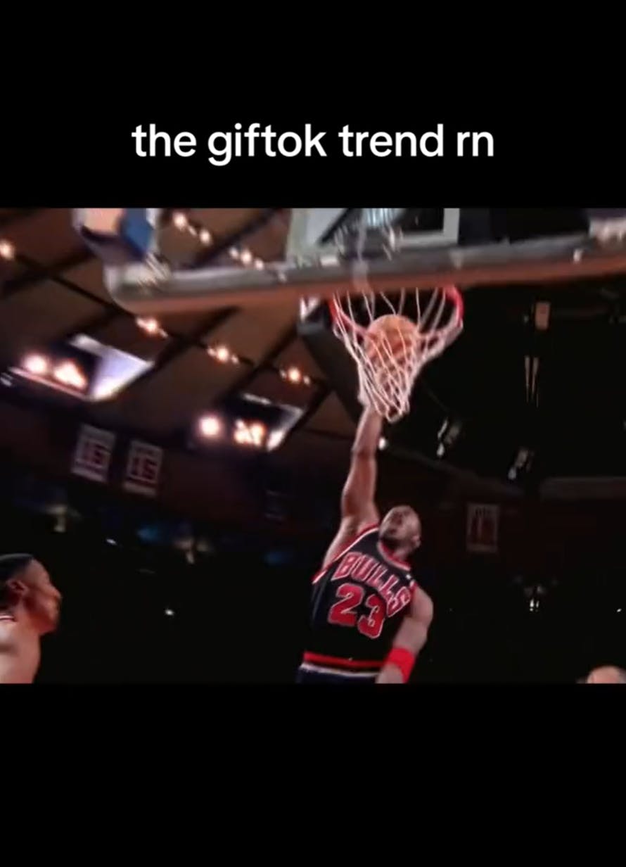 Blurry basketball player screenshot of a slam dunk. Text overlay reads, 'the giftok trend rn'