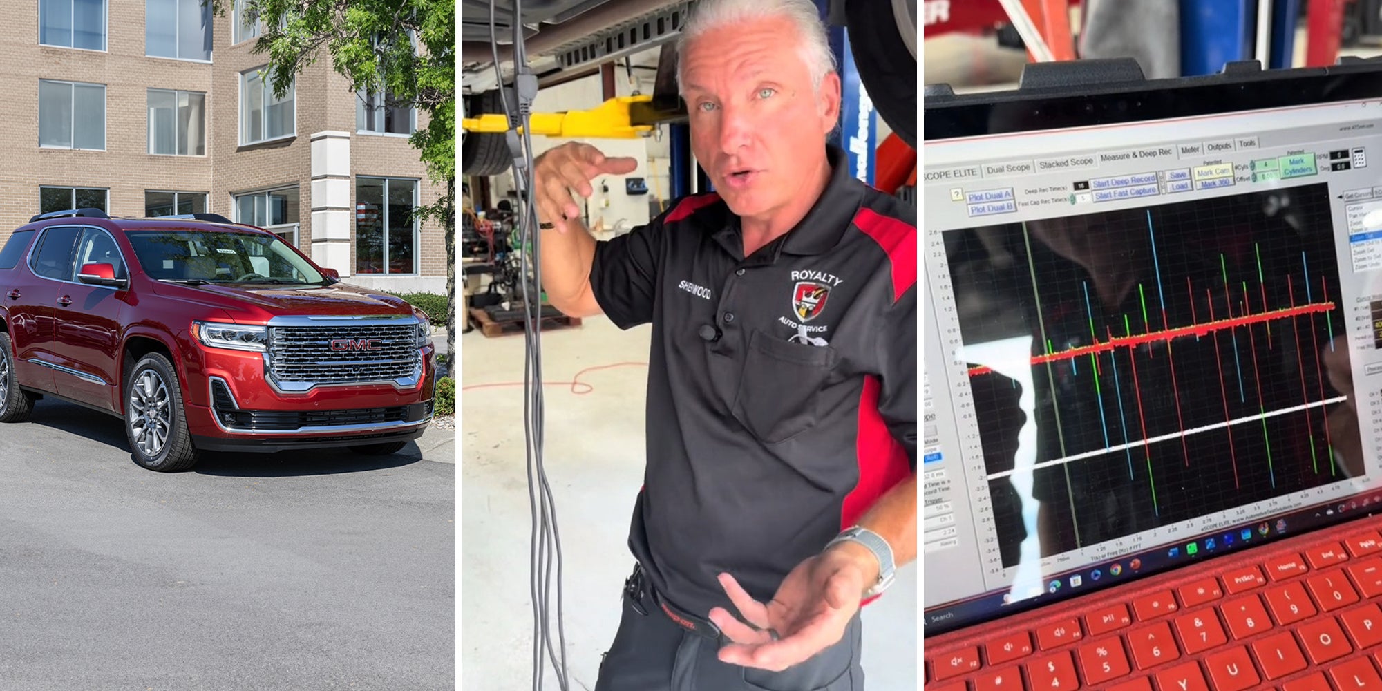 Red Gmc Acadia(l) Mechanic explaining car issues(c) Microsoft Surface PC showing graph results on car diagnostics(r)