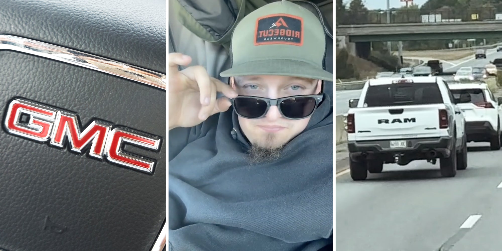 GMC logo on steering wheel(l), Man looking over sunglasses(c), Ram truck on highway(r)