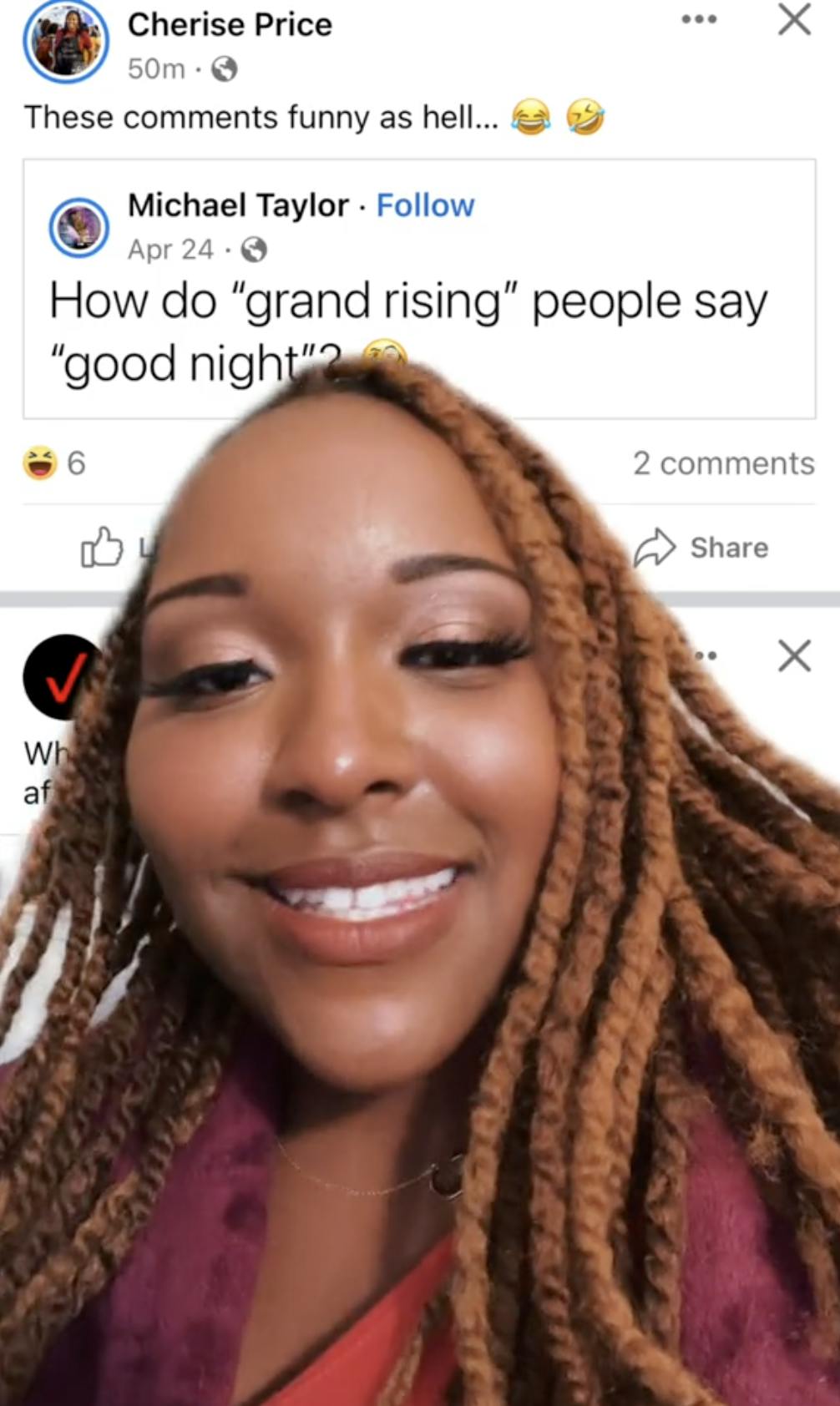 Screenshot of a woman on TikTok laughing at the grand rising meme on her greenscreened background.