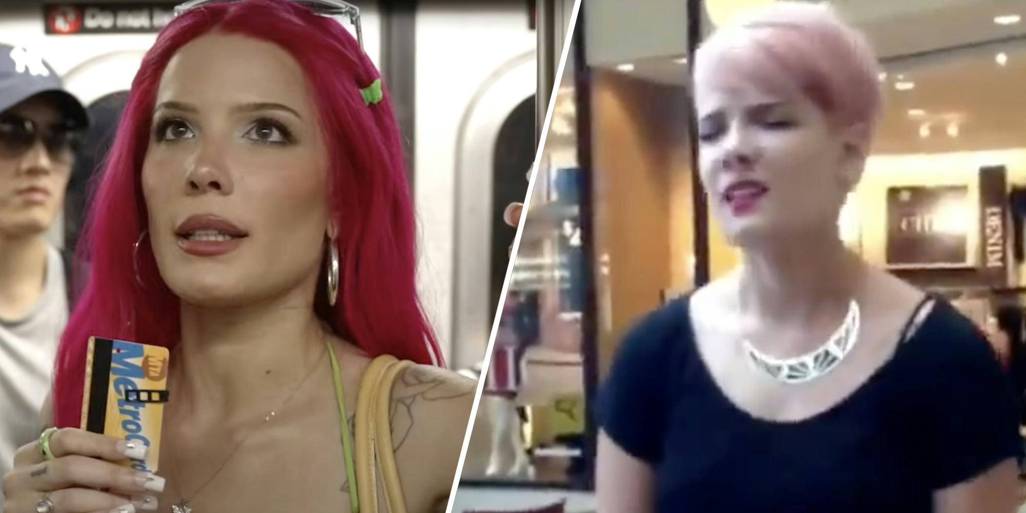 Halsey on the subway(l), Halsey singing in a mall(r)