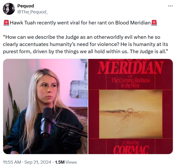 Hawk tuah girl rant meme about Blood Meridian.