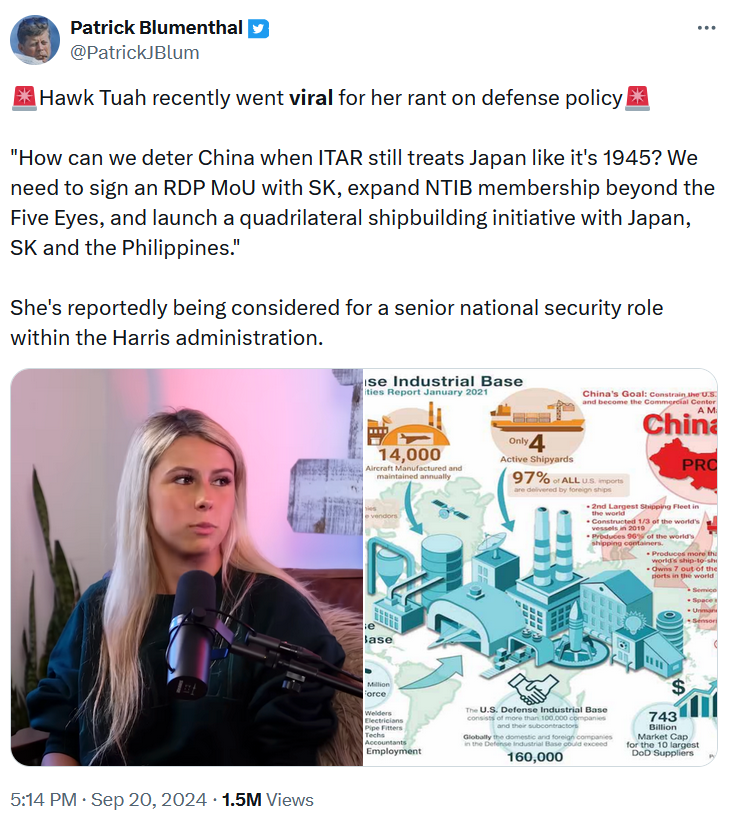 Hawk tuah girl rant meme about U.S. defense policy related to China.