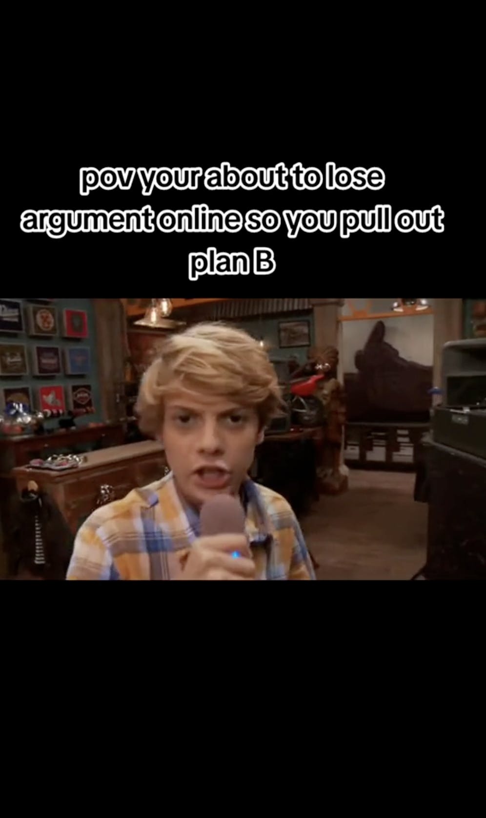 Henry Danger side-eyeing meme. Text overlay reads, 'pov your about to lose argument online so you pull out plan B.'