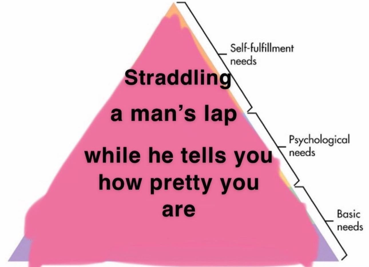 hierarchy of needs pyramid meme that's all 'straddling a man's lap while he tells you how pretty you are'