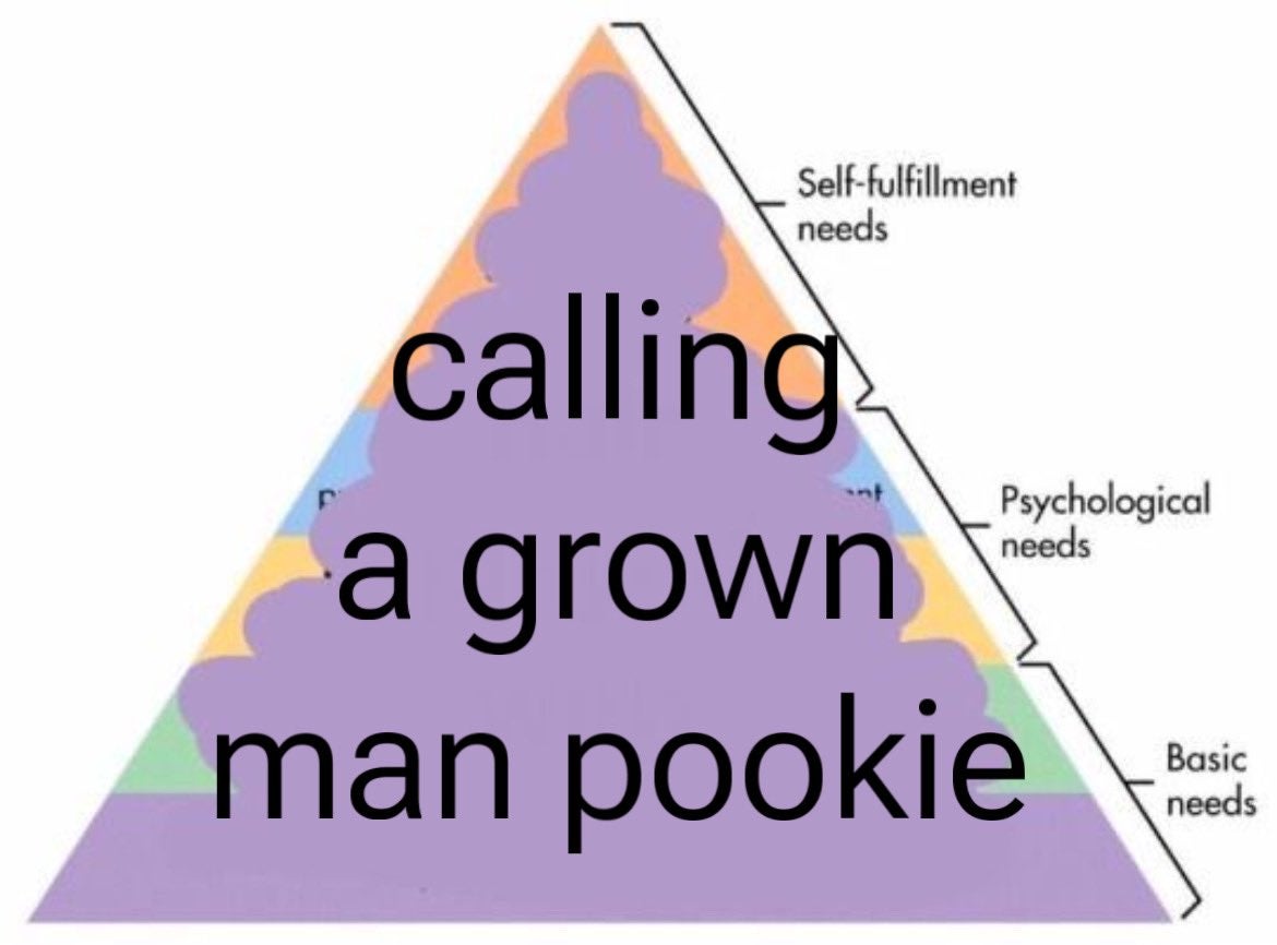 hierarchy of needs pyramid where it's all 'calling a grown man pookie'