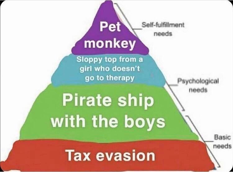 pyramid of needs, from top to bottom: tax evasion, pirate ship with the boys, sloppy top from a girl who doesn't go to therapy, pet monkey