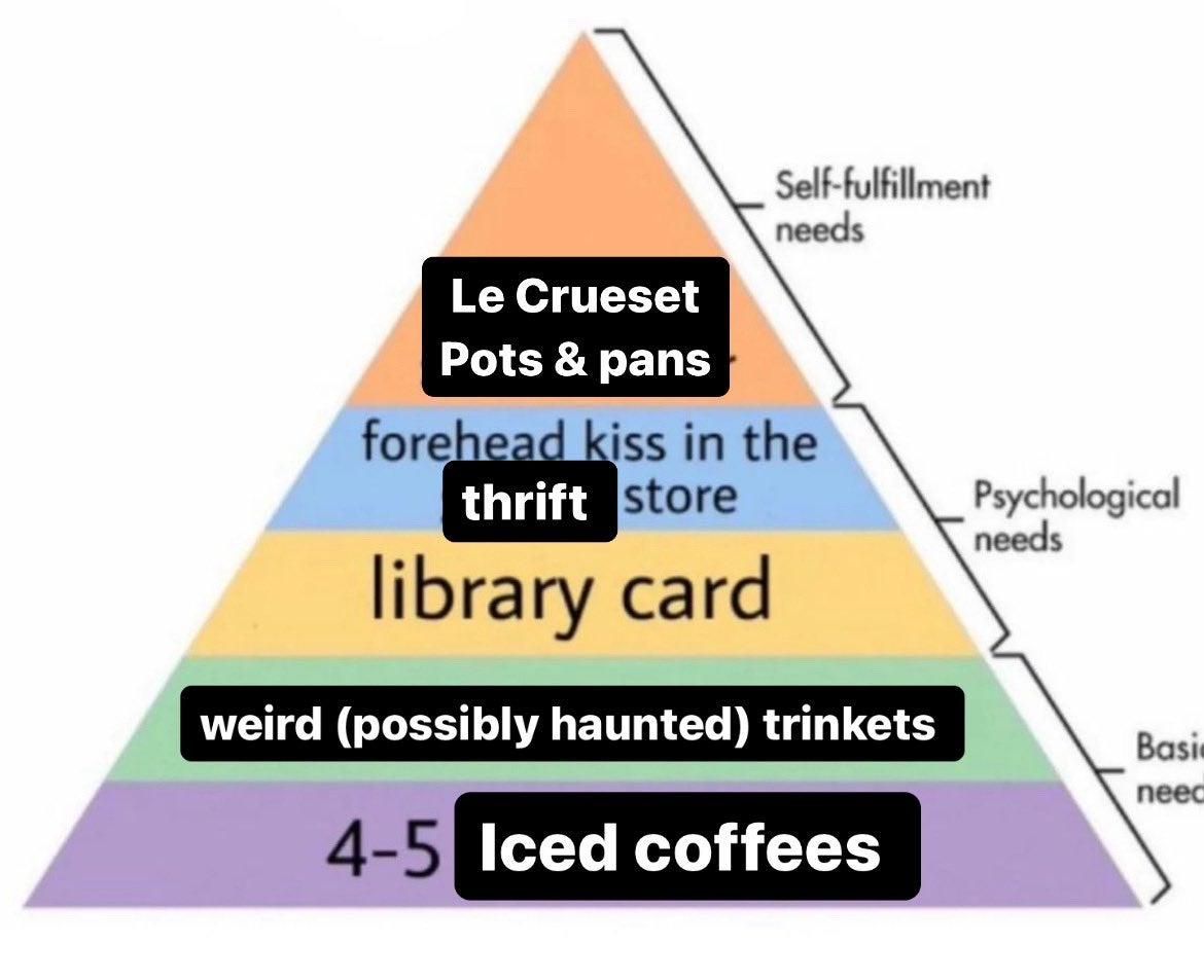 hierarchy of memes pyramid meme (from bottom to top: 4-5 iced coffees, weird possibly haunted trinkets, library card, forehead kiss in the thrift store, le cruset pots and pans)