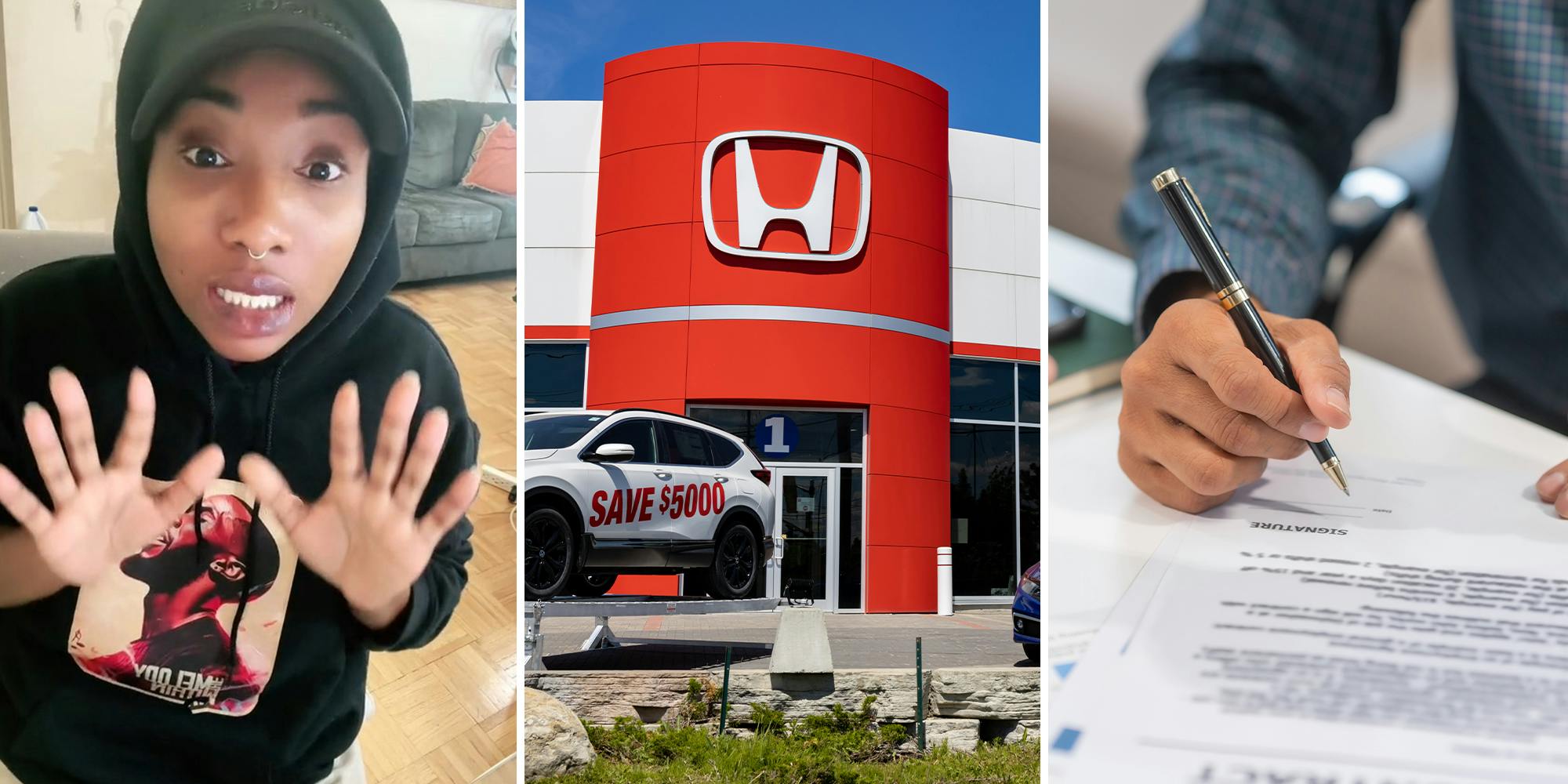 woman with her hands on display(l) Honda Dealer Sign(c) Person Signing a document(r)