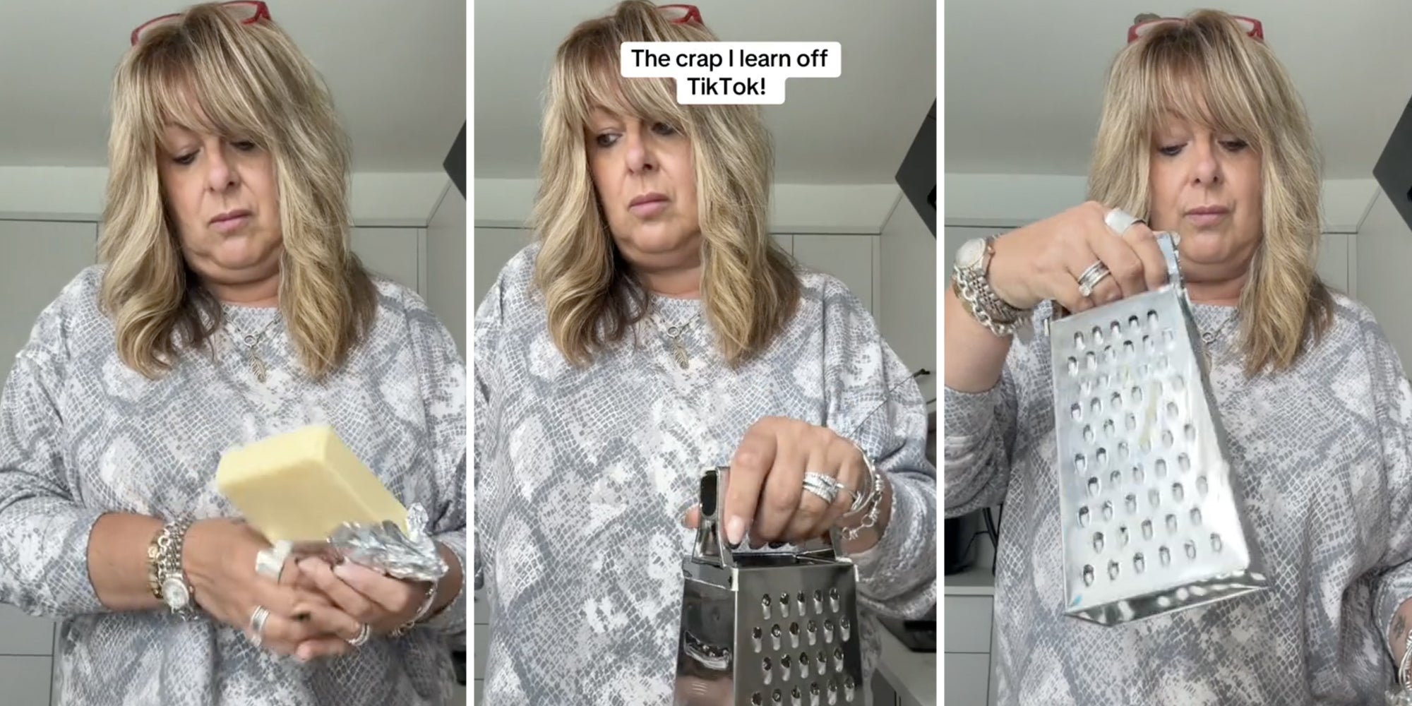 woman with cheese block(l), Woman with cheese grater and text that says 'The crap I learn off TikTok!'(c), Woman with grater(r)