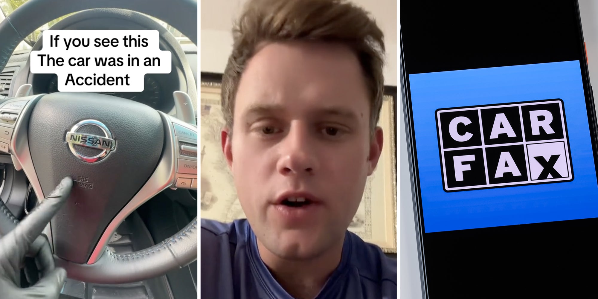 Hand pointing to steering wheel with text that says 'If you see this the car was in an accident'(l), Man talking(c), Phone with CarFax logo(r)