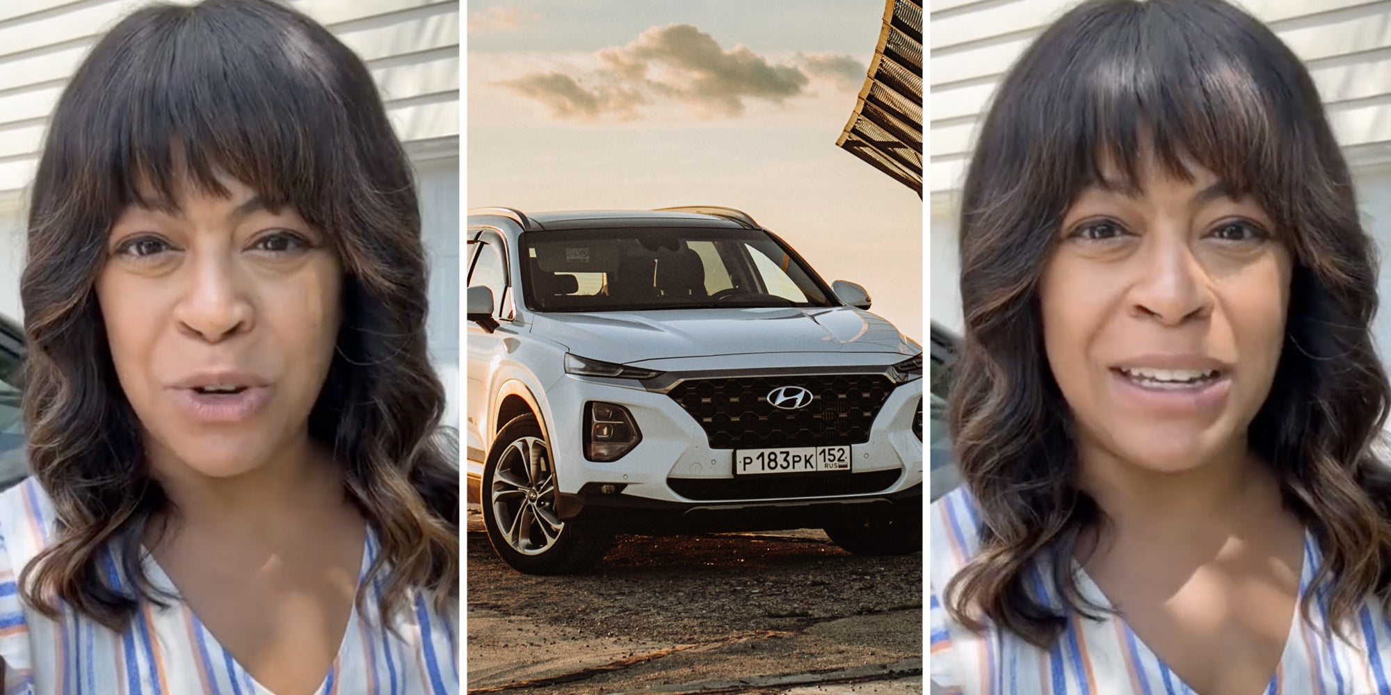 Woman talking(l+r), Hyundai Santa Fe(c)