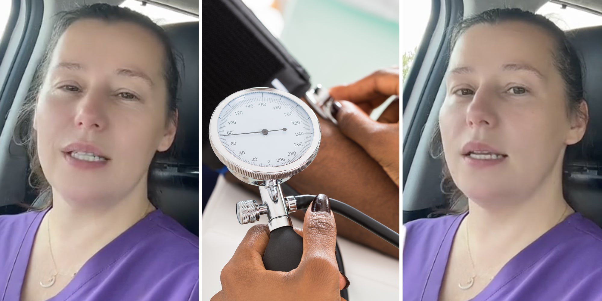 Woman talking(l+r), Hands taking blood pressure reading(c)
