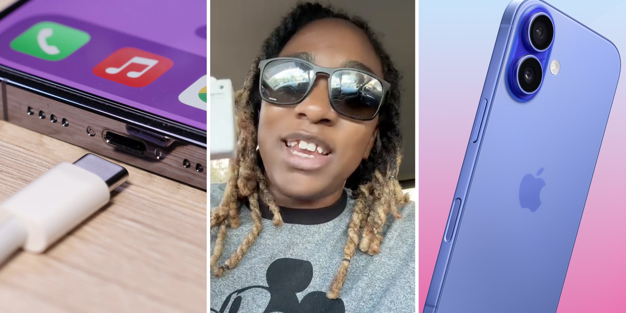 Lightning cable going into iphone(l), Woman talking(c), Iphone 16(r)