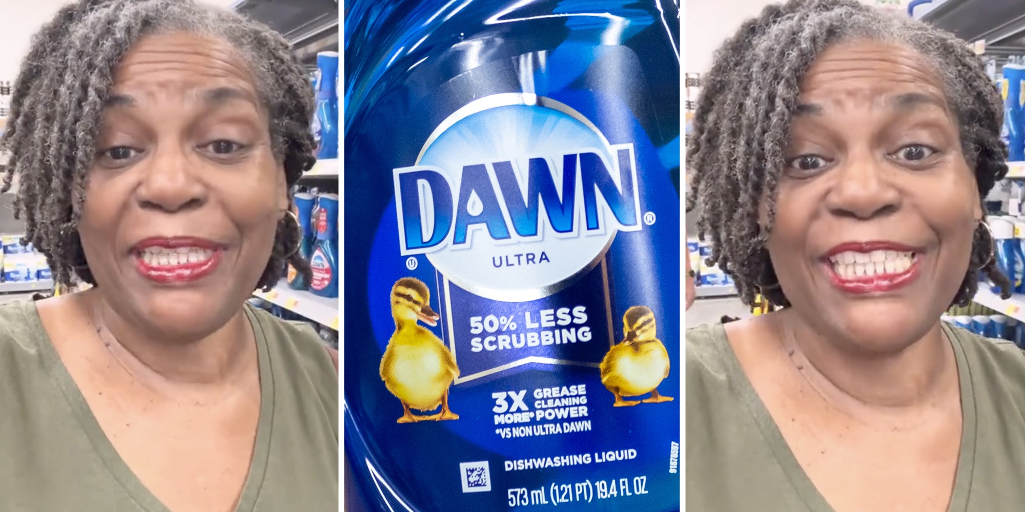 Woman talking(l+r), Dawn dish soap(c)