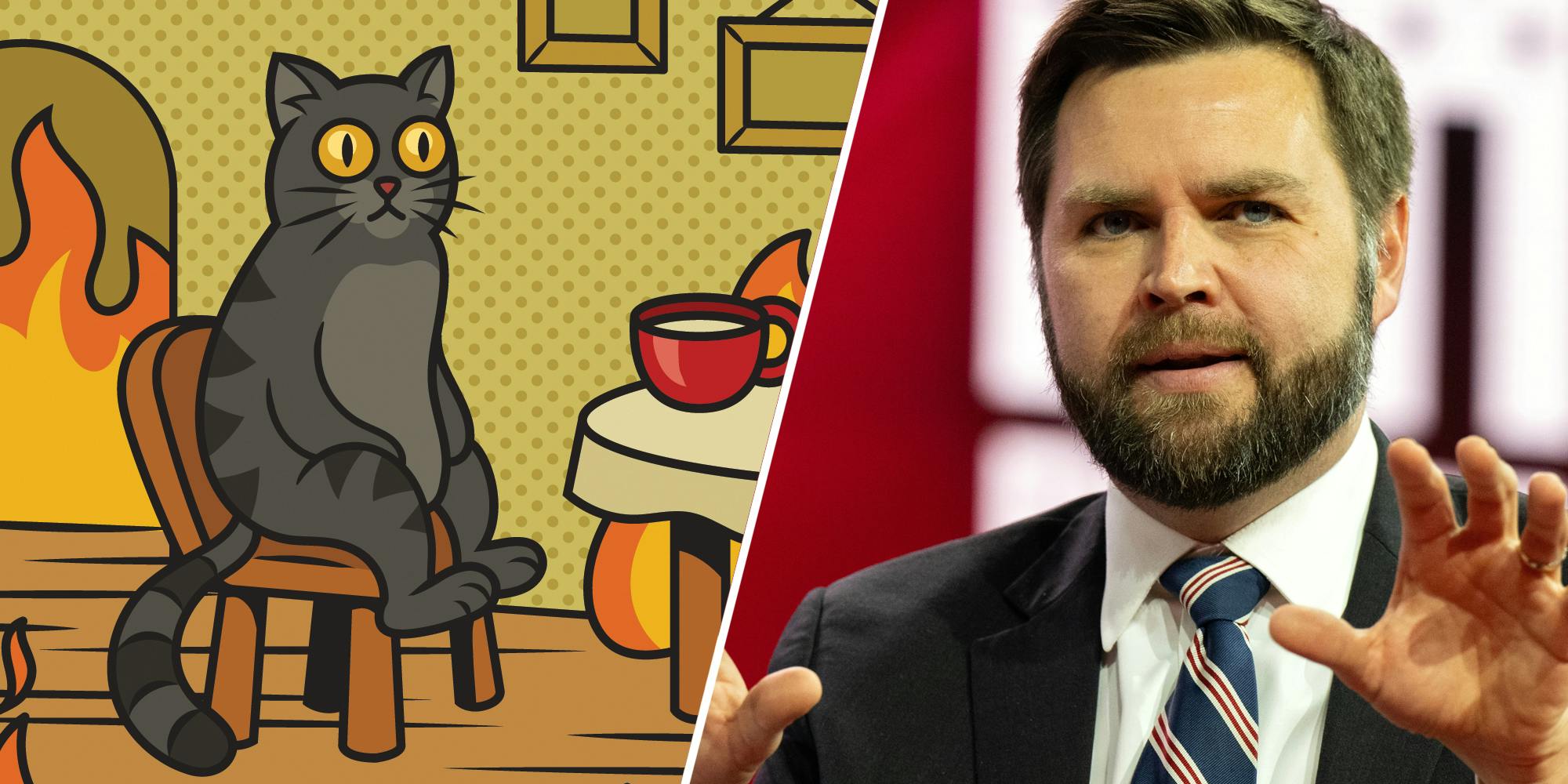 Cat meme(l), JD Vance(r)