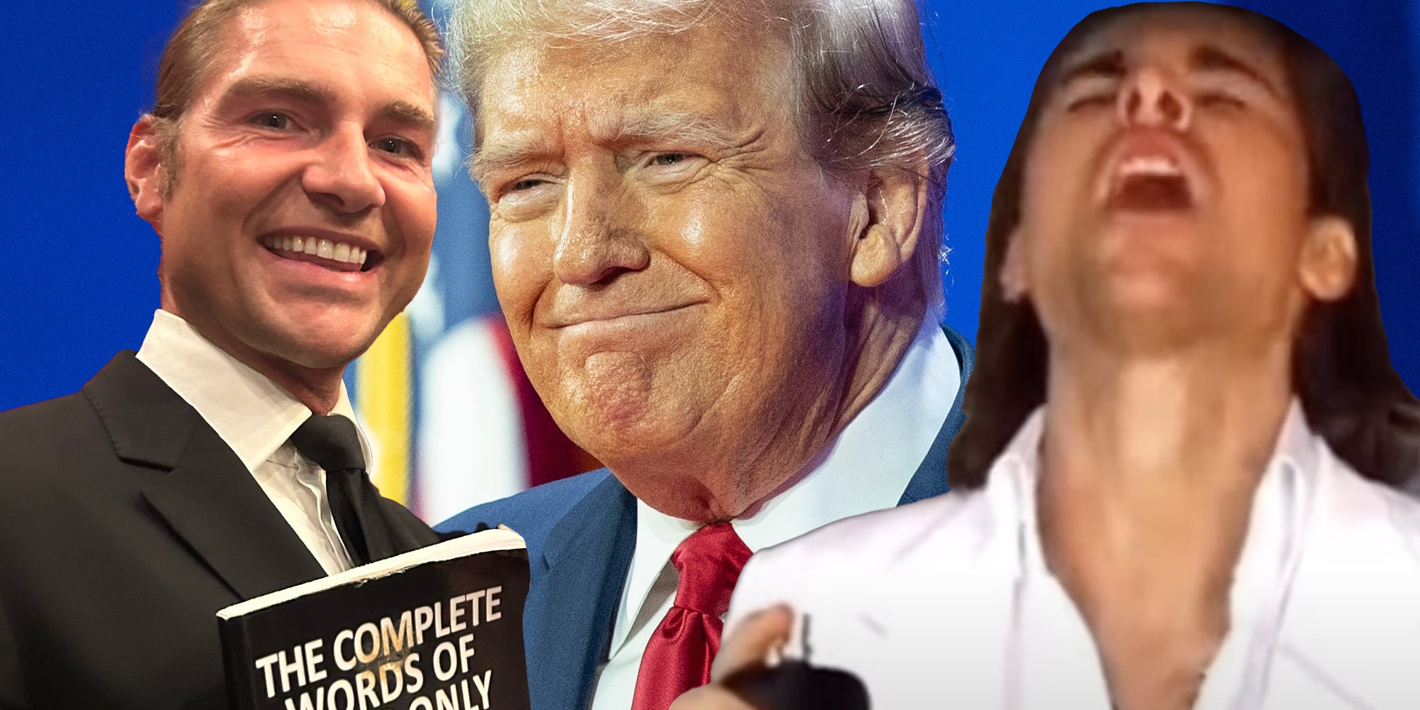 Jeremy Fragrance with book(l), Donald Trump smiling(c), Jeremy Fragrance from power video(r)