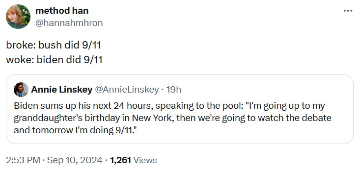 Tweet reading 'broke: bush did 9/11 woke: biden did 9/11.'