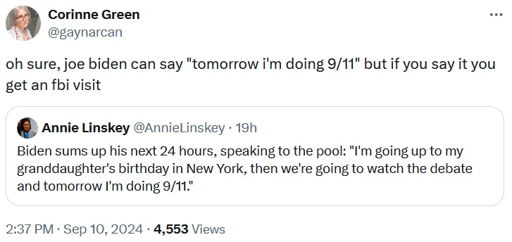 Tweet reading 'oh sure, joe biden can say 'tomorrow i'm doing 9/11' but if you say it you get an fbi visit.'