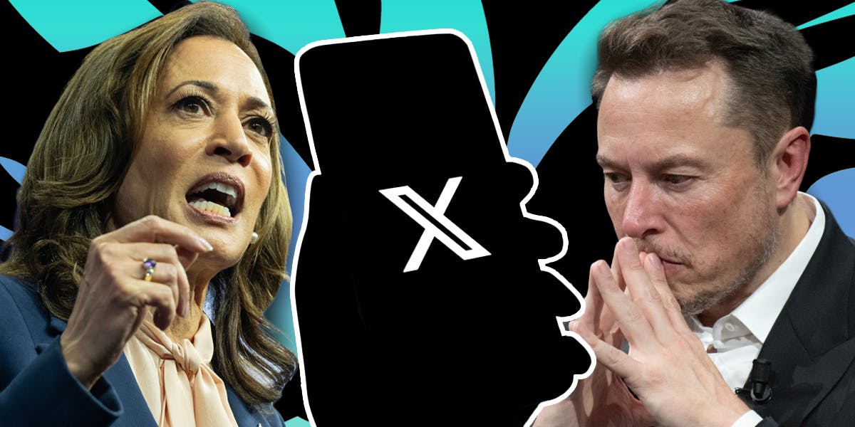 Kamala Harris and Elon Musk with phone and X logo over black and blue