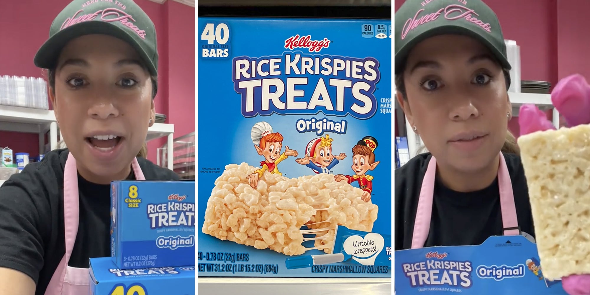 Woman talking with rice krispies boxes(l), Rice Krispies Treats box(c), Woman holding up rice krispies treat(r)